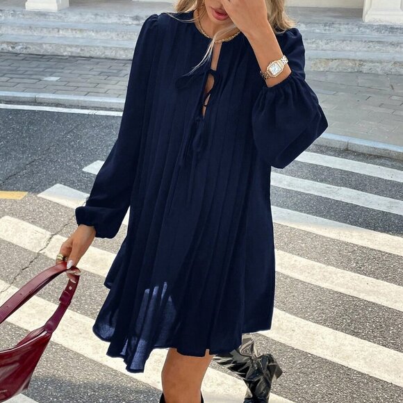 Navy Blue Casual Women's Pleated long sleeved mini Dress - Picture 1 of 6